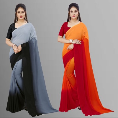 Anand Sarees Solid/Plain Bollywood Georgette Saree(Pack of 2, Black, Orange)