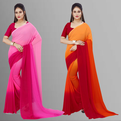 Anand Sarees Solid/Plain Bollywood Georgette Saree(Pack of 2, Pink, Orange)