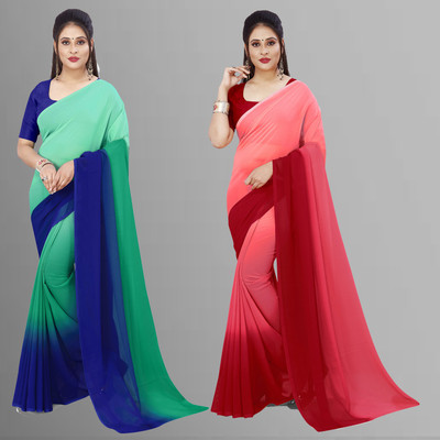 Anand Sarees Solid/Plain Bollywood Georgette Saree(Pack of 2, Blue, Pink)