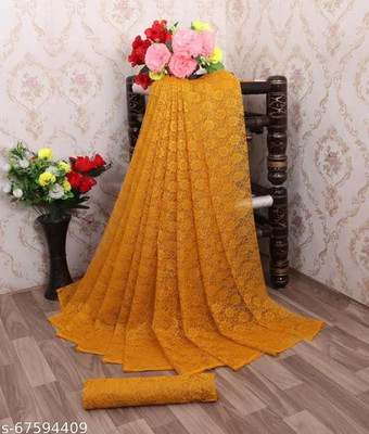 Aarya creation Self Design Bollywood Net Saree(Yellow)