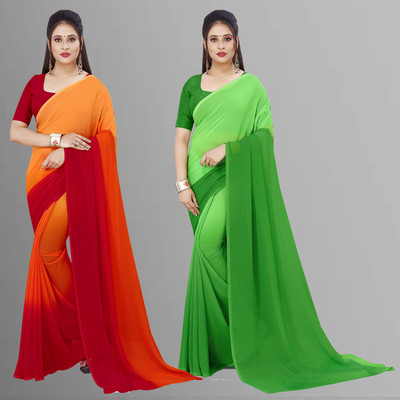 Anand Sarees Solid/Plain Bollywood Georgette Saree(Pack of 2, Green, Orange)