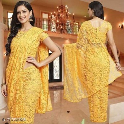 Aarya creation Self Design Bollywood Net Saree(Yellow)