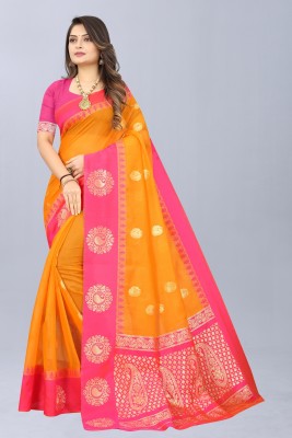 NENCY FASHION Self Design Banarasi Cotton Silk Saree(Gold, Pink)