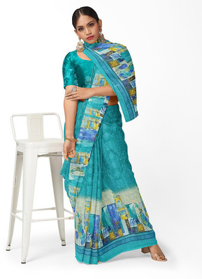 Suali Printed Bandhani Georgette Saree(Light Blue)