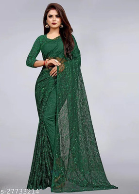Aarya creation Self Design Bollywood Net Saree(Green)