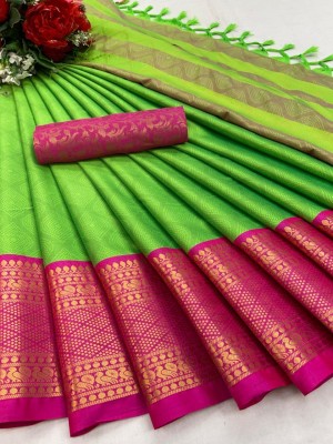 Juhi Collection Color Block, Temple Border, Woven, Embellished Banarasi Jacquard, Cotton Silk Saree(Light Green)