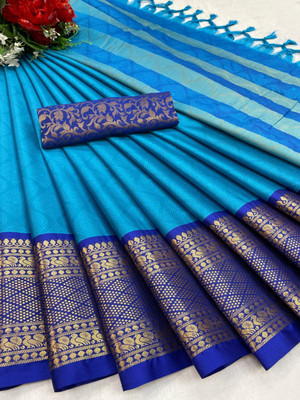 VRINDITA FASHION Woven Banarasi Jacquard, Cotton Silk Saree(Light Blue)