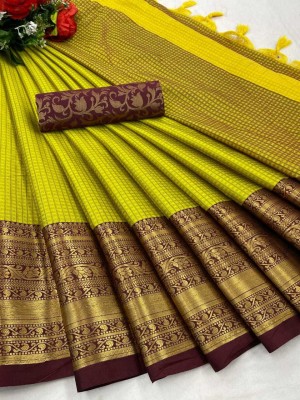 Juhi Collection Temple Border, Woven, Embellished, Solid/Plain Banarasi Jacquard, Cotton Silk Saree(Light Green)