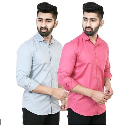 SilverBuck Men Solid Casual Pink, Grey Shirt