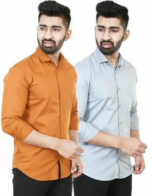 ZURINE Men Solid Casual Orange, Grey Shirt(Pack of 2)