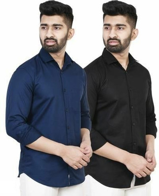 ZURINE Men Solid Casual Dark Blue, Black Shirt(Pack of 2)
