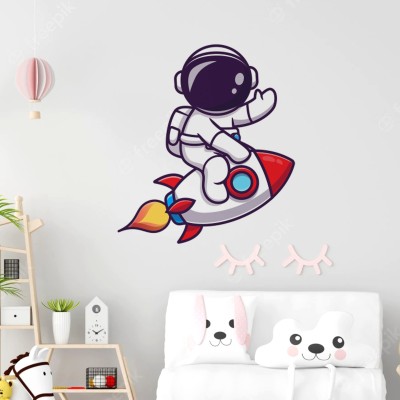 WALLSTICK 72 cm Beautiful Astronaut Riding On a Rocket Self Adhesive Sticker(Pack of 1)