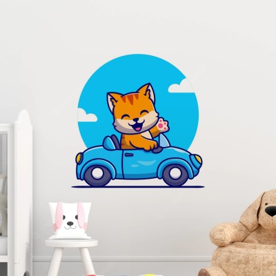 WALLSTICK 72 cm Cute Kitty Riding a Car beautiful Self Adhesive Sticker(Pack of 1)