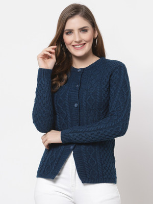 KALT Self Design Round Neck Casual Women Blue Sweater