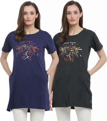 RRAVAYKI Printed Women Round Neck Grey, Navy Blue T-Shirt