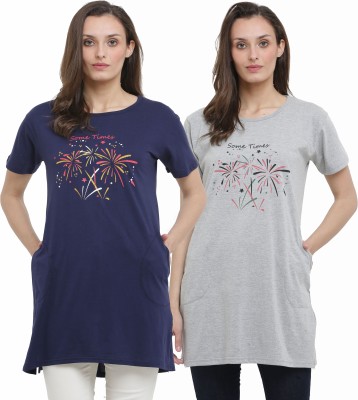 RRAVAYKI Printed Women Round Neck Grey, Navy Blue T-Shirt