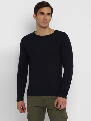 Ap'pulse Solid Men Round Neck Navy Blue T-Shirt