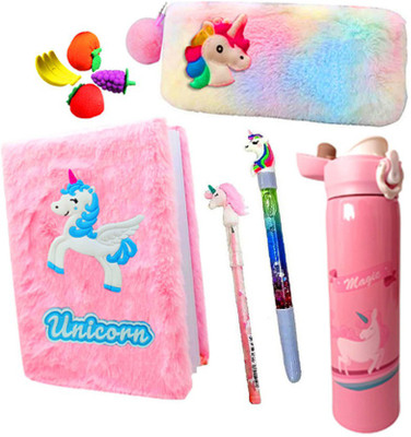 Neel Unicorn Stationery Gift Set Combo-9Ps,Diary/Pouch/Pen/Pencil/Eraser/Water Bottle