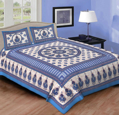Soft Double Cotton Bed sheet 144 TC Cotton Double Jaipuri Prints Flat Bedsheet(Pack of 1, Green)