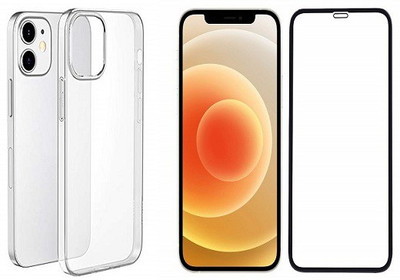 NIMMIKA ENTERPRISES Back Cover for Apple iphone 12 Mini Back Cover & Tempered Glass 11D(Transparent, Black, Shock Proof, Pack of: 1)