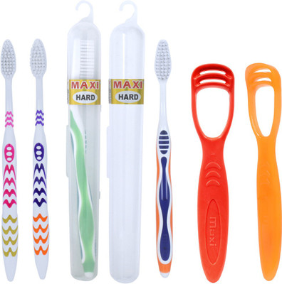 Maxi Oral Care Combo of 6 - 2 Mango Hard Toothbrush & 2 Candy Hard Toothbrush Travel Pack & (2 TC) 1 Number Tongue Cleaner(6 Items in the set)