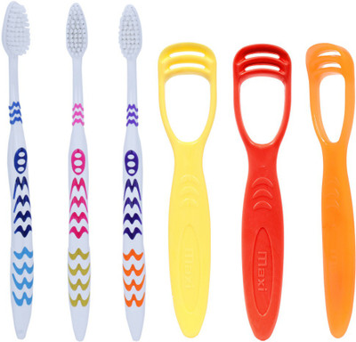 Maxi Oral Care Combo of 6 - 3 Mango Hard Toothbrush & (3 TC) 1 Number Tongue Cleaner(6 Items in the set)
