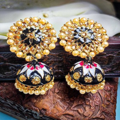 Amika Antique Black colored Gold-Toned Pearl Bell shaped Meenakari for Women/Girls Beads, Crystal, Pearl Metal Jhumki Earring, Earring Set