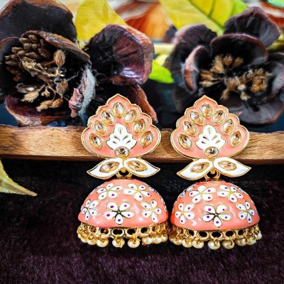 Amika Antique Orange colored Gold-Toned Stylish Bell shaped Meenakari for Women/Girls Beads, Crystal, Pearl Metal Jhumki Earring