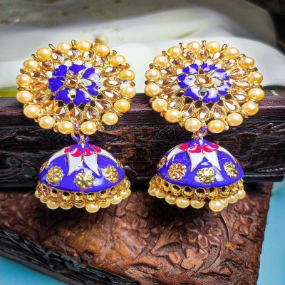 Amika Antique Purple colored Gold-Toned Stylish Bell shaped Meenakari for Women/Girls Beads, Crystal, Pearl Metal Jhumki Earring, Earring Set