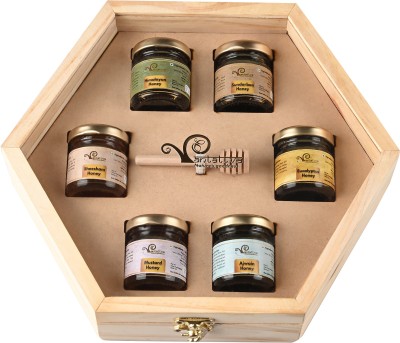 Vantattva Healthy Gift Hamper - 6 cute little honey jars with honey dipper in elegant Pinewood box(1500 g)