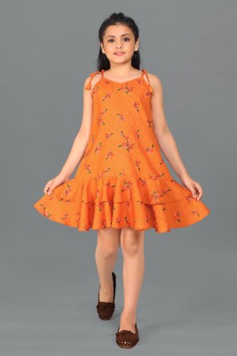 Fashion Dream Girls Above Knee Casual Dress(Orange, Sleeveless)