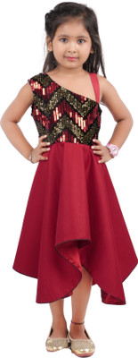 rayie collection Indi Girls Calf Length Party Dress(Maroon, Sleeveless)