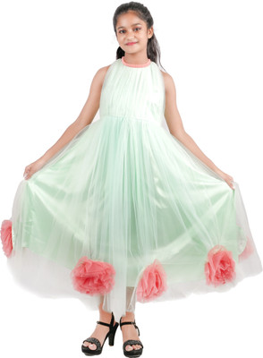 rayie collection Indi Girls Midi/Knee Length Party Dress(Light Green, Sleeveless)
