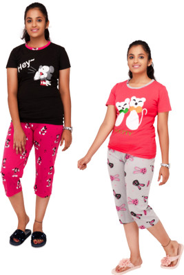 pink you Kids Nightwear Girls Printed Cotton Blend(Multicolor Pack of 2)