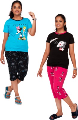 pink you Kids Nightwear Girls Printed Cotton Blend(Multicolor Pack of 2)