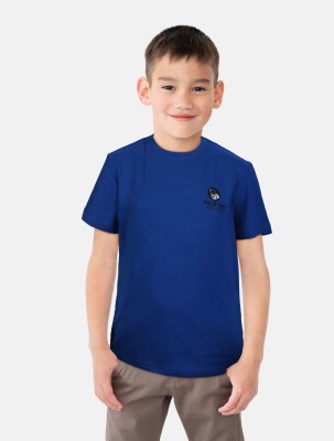 Palm Tree Boys Typography Cotton Blend T Shirt(Dark Blue, Pack of 1)