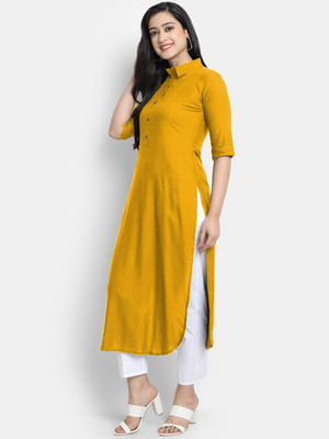 looknchoice Women Solid Straight Kurta(Yellow)