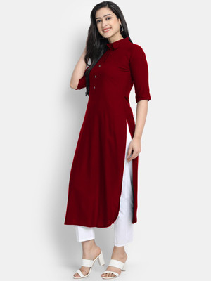 looknchoice Women Solid Straight Kurta(Maroon)