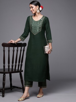 Indo Era Women Solid Straight Kurta(Dark Green)