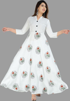 GOD DM Women Printed Anarkali Kurta(White)