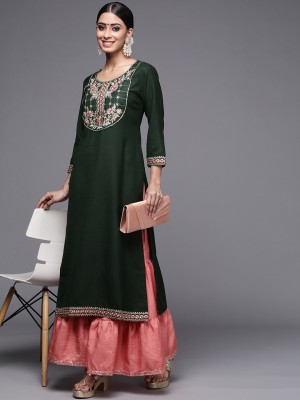 Indo Era Women Floral Print Straight Kurta(Dark Green)