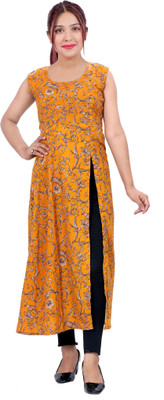 LIBSADRESSES Women Printed Straight Kurta(Yellow)