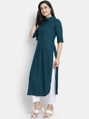 looknchoice Women Solid Straight Kurta(Dark Blue)
