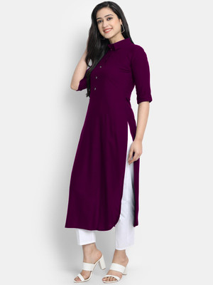 looknchoice Women Solid Straight Kurta(Purple)