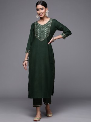 Indo Era Women Embroidered Straight Kurta(Green)