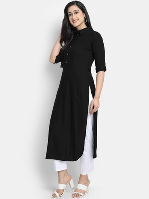 looknchoice Women Solid Straight Kurta(Black)