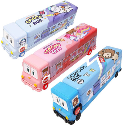 shree giriraj enterprise magic bus Printed School Bus with Moving Tyres, Integrated Sharpener Art Metal Pencil Box(Set of 1, Multicolor)