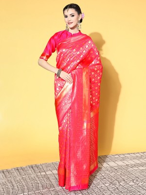 Ratnavati Woven, Floral Print Kanjivaram Silk Blend, Art Silk Saree(Pink)