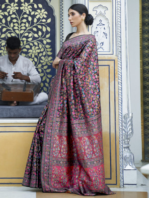 Divastri Floral Print Bollywood Silk Blend Saree(Black)