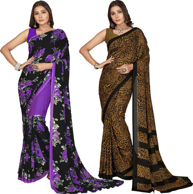 Anand Sarees Floral Print Daily Wear Georgette Saree(Pack of 2, Brown, Black)